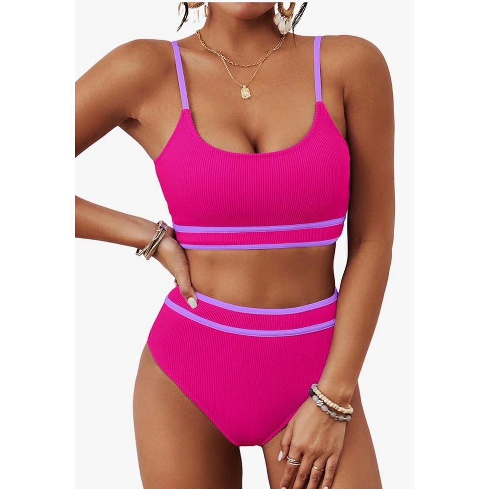 BMJL Hot Pink Ribbed High Waisted Bikini Set Lavender Trim Size M NEW